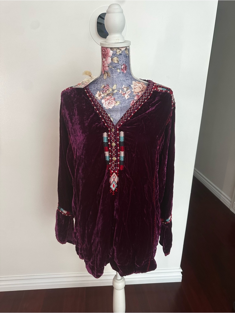 Johnny Was Plum Velvet Embroidered V-Neck Tunic